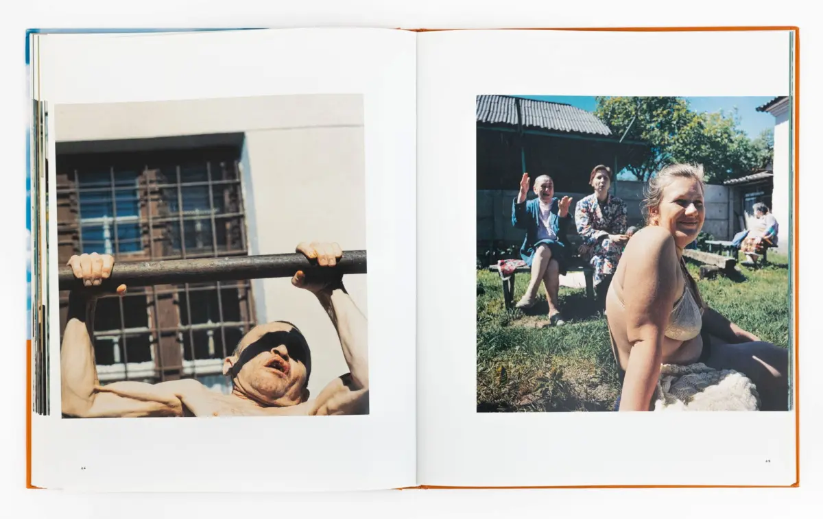 Two-page spread: left, person doing pull-ups on a bar outside a building; right, person in bikini in a sunny backyard with others.