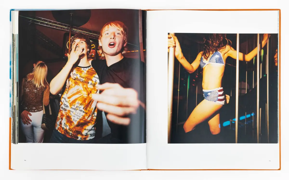 Club scene: left page shows two partygoers cheering; right page shows a person in a blue polka-dot bikini dancing by a metal railing.
