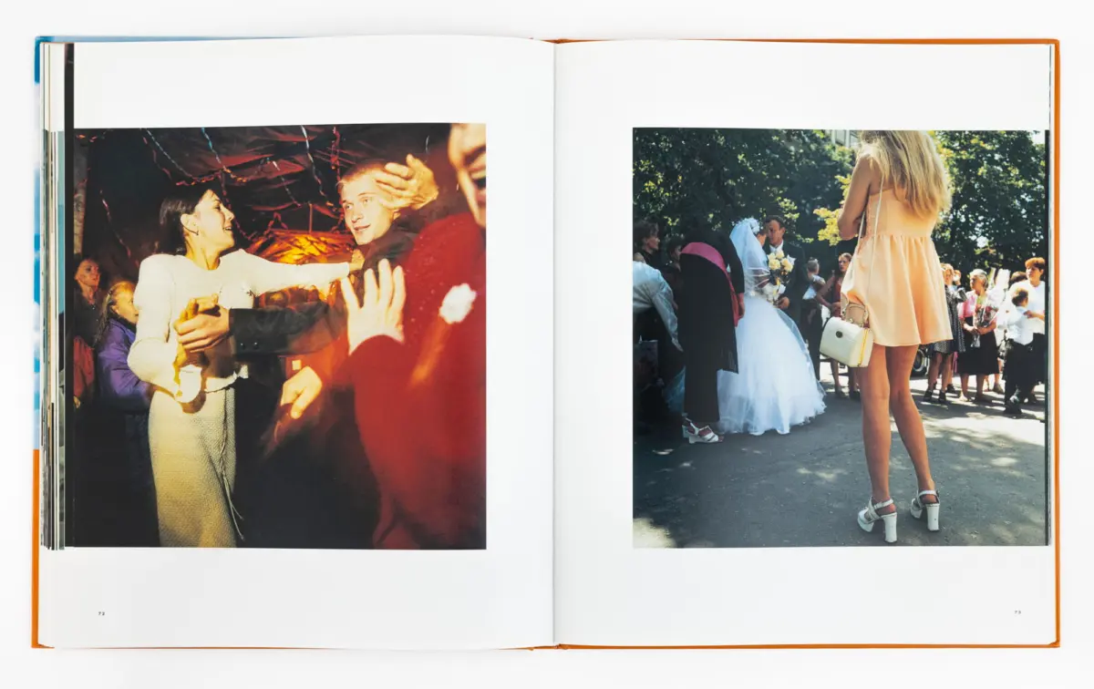 Open book with two photos: left, people dancing at a party; right, outdoor wedding with a bride and guests, foreground girl in peach dress.