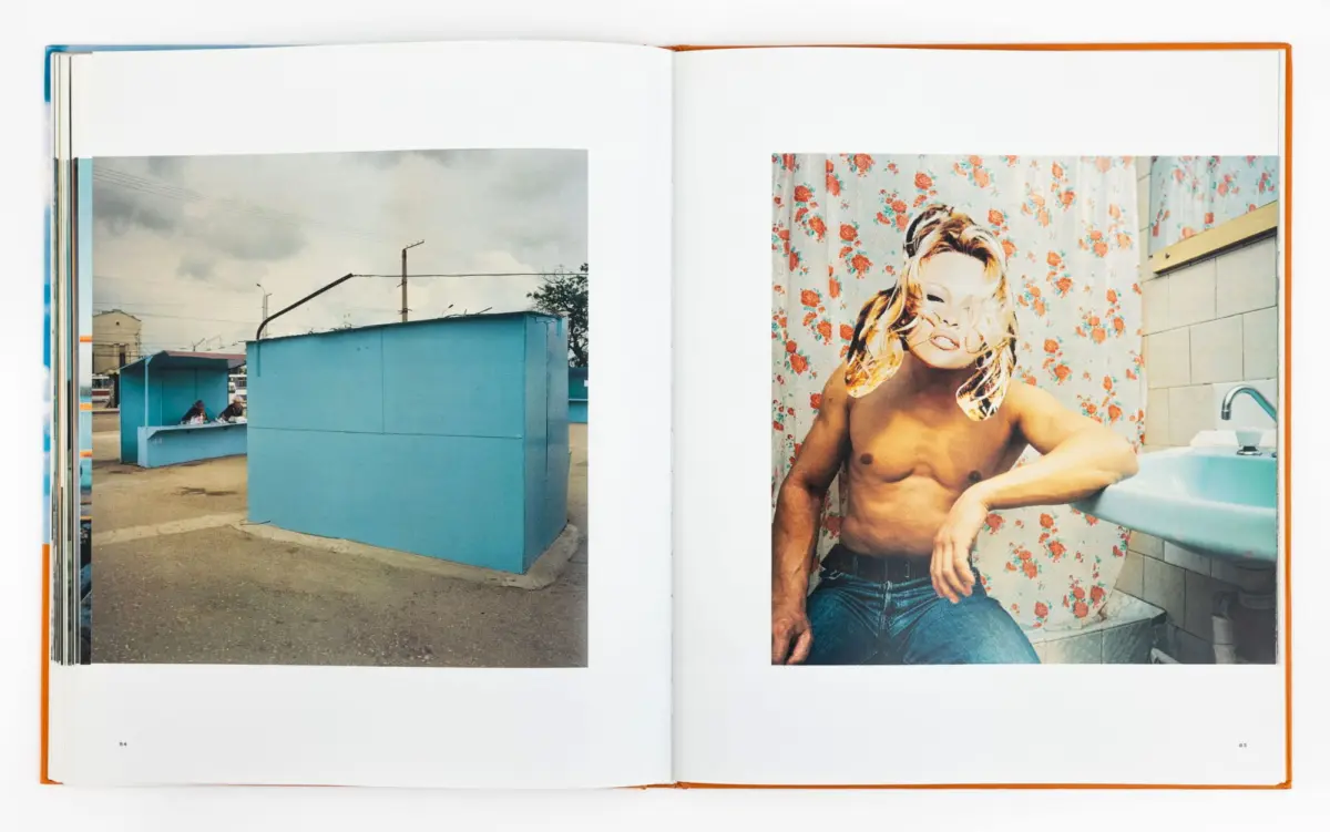 Open book showing left: blue outdoor structures under a cloudy sky; right: shirtless man with blond hair beside a tub, against floral wallpaper.