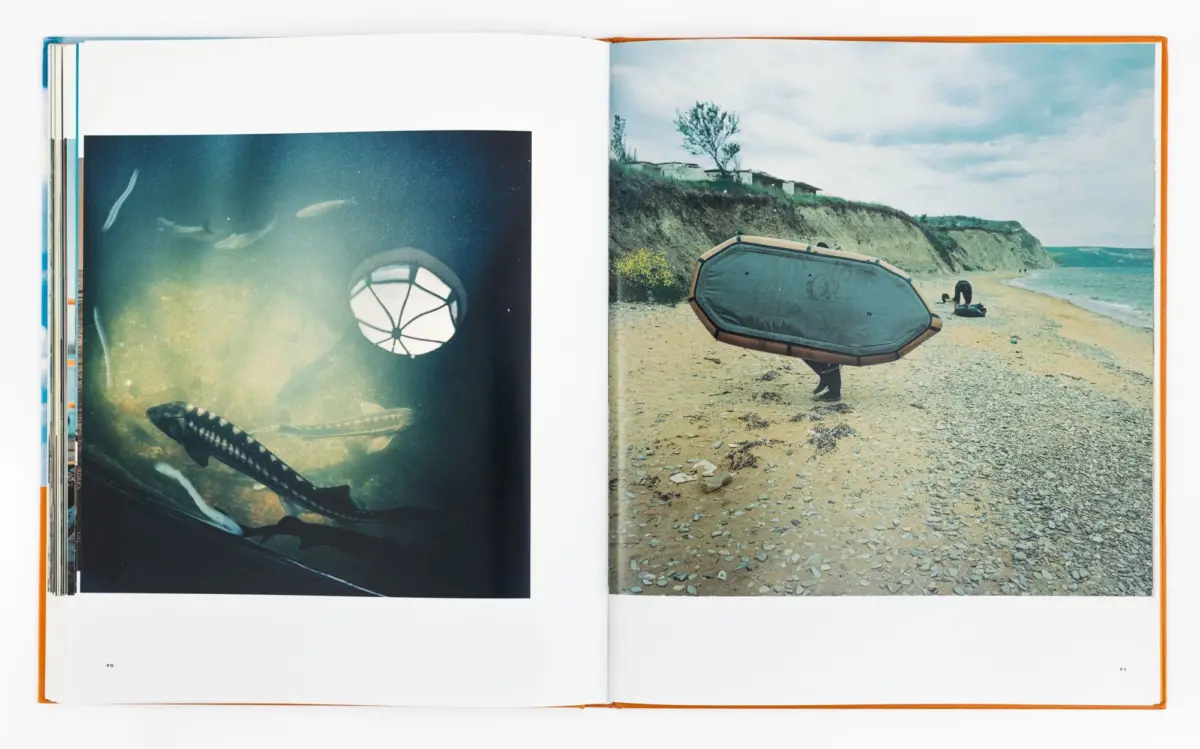 Open book spread: left page underwater scene with fish; right page pebbly beach where a person carries a large hexagonal object with a wooden rim.
