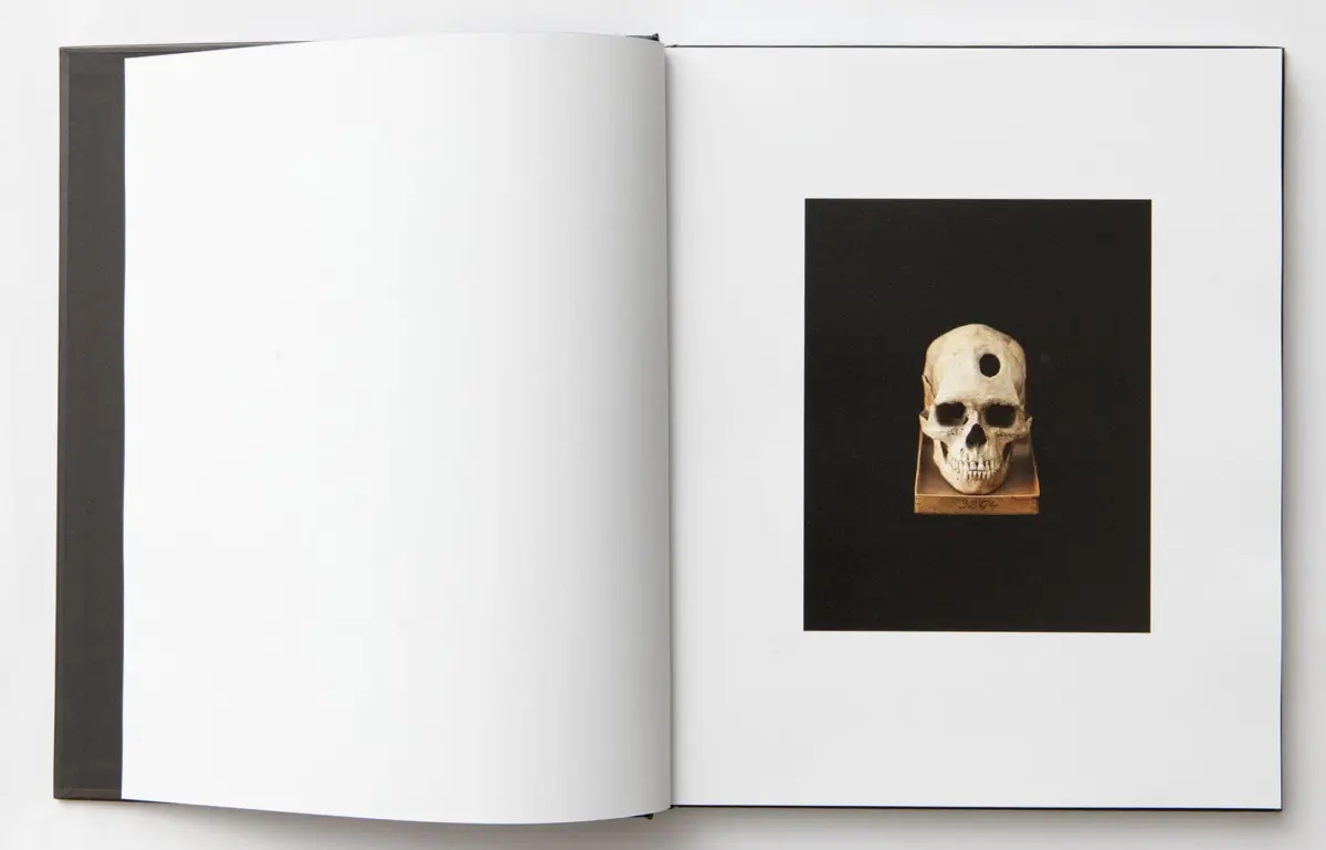 Human skull on a small pedestal against a black background, displayed on the right page of an open book.