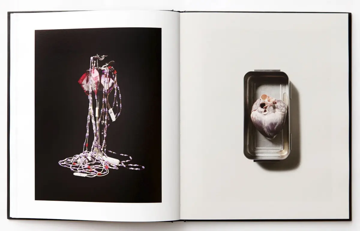 Open book: left shows a tangled beaded necklace sculpture on a black background; right shows an anatomical heart in a metal tray.