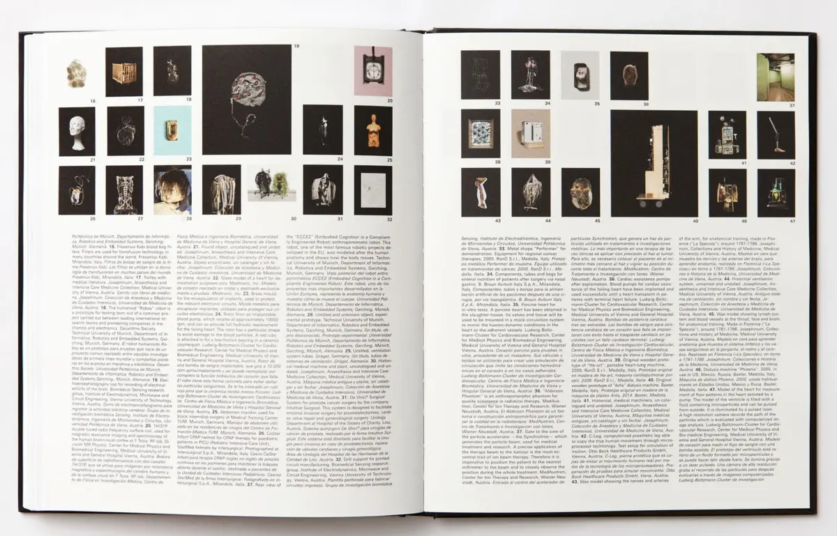 Two-page book spread displaying many small artwork thumbnails and dense text.
