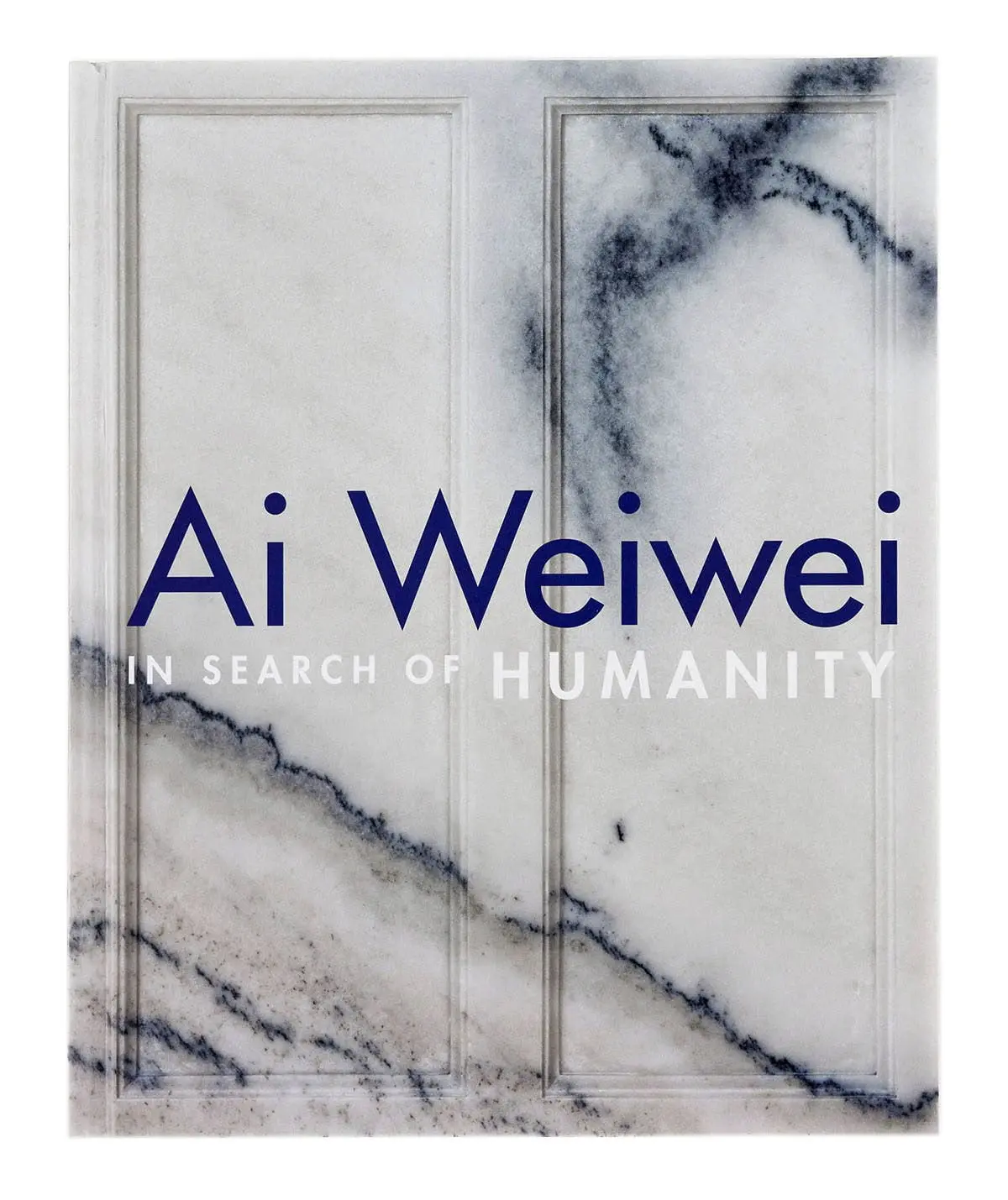 Book cover with marble-textured panels and bold blue 'Ai Weiwei' title, white subtitle 'In Search of Humanity'.