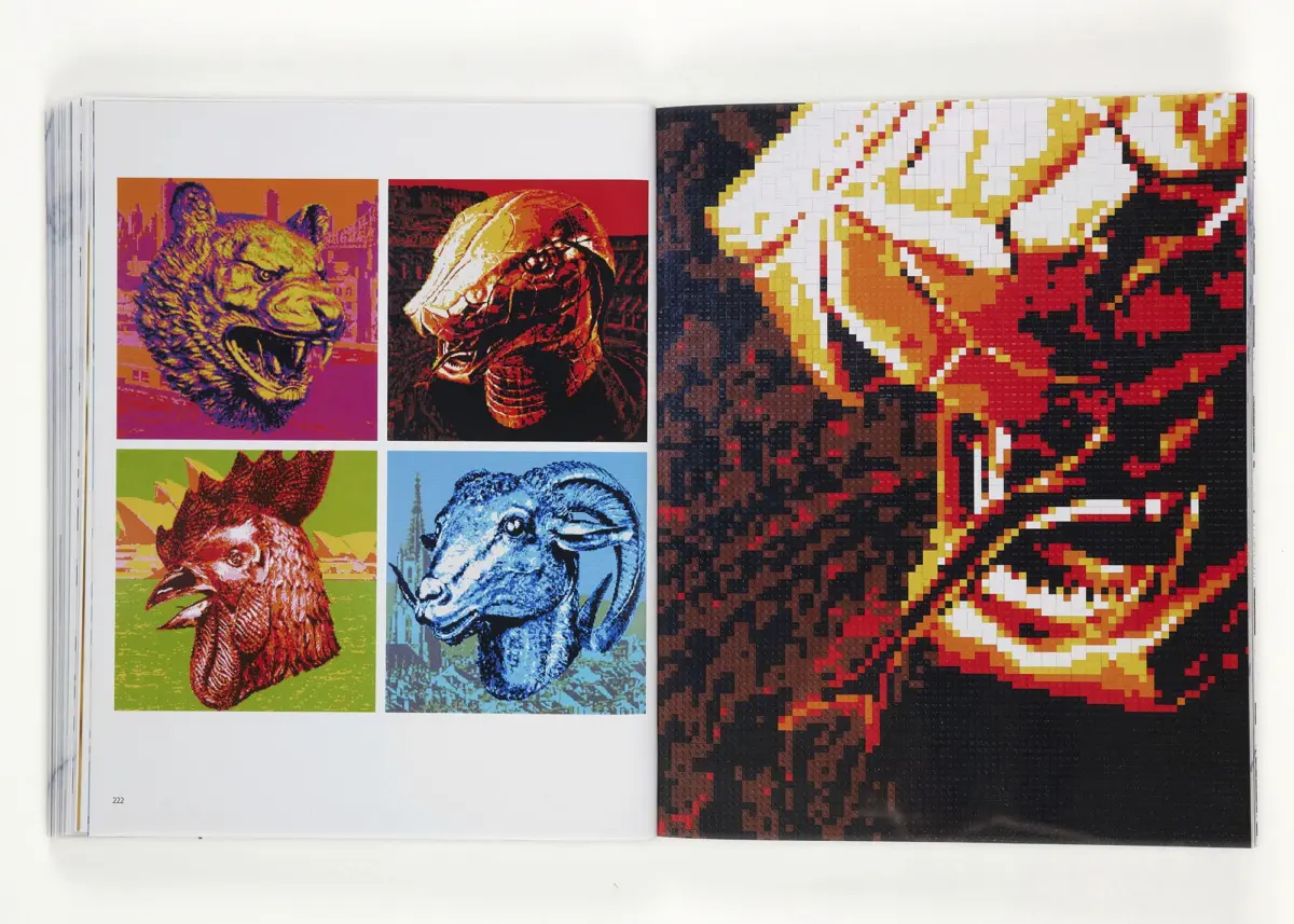 Open art book; left page shows a grid of colorful dinosaur portraits, right page features a large pixel-art mosaic.