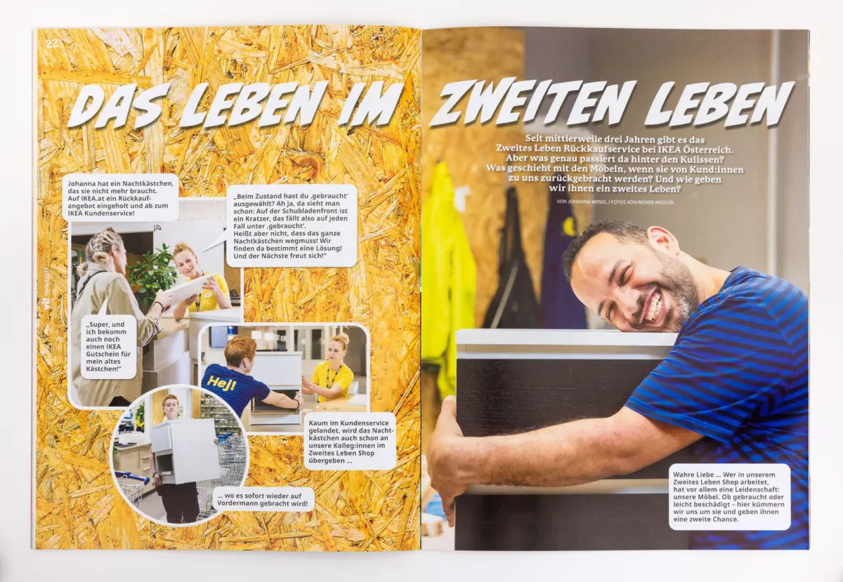 Two-page magazine spread with OSB background; bold German headline 'DAS LEBEN IM ZWEITEN LEBEN' and a person in a blue striped shirt smiling and leaning on a counter.
