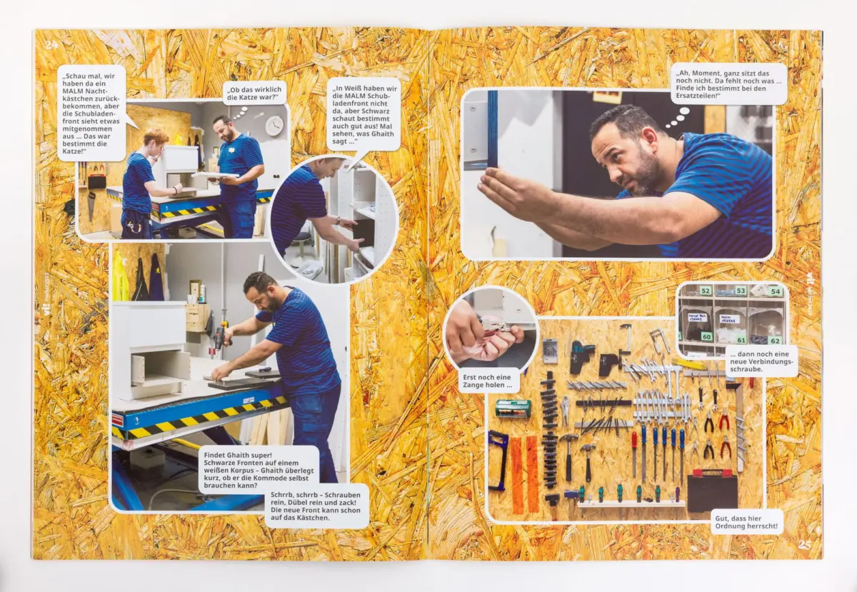 Comic-style collage showing two workers in blue striped shirts assembling a cabinet in a woodshop with tools on a plywood wall.