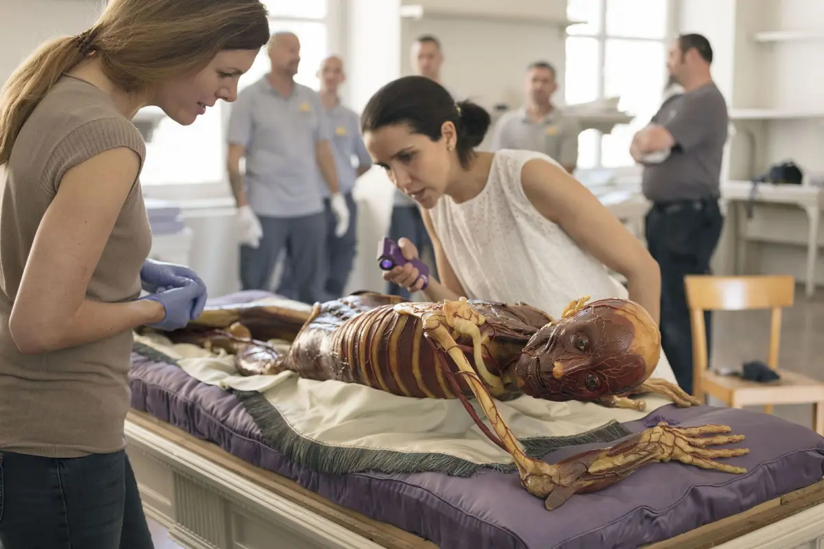 Two students lean over a dissected human cadaver on an anatomy lab table.