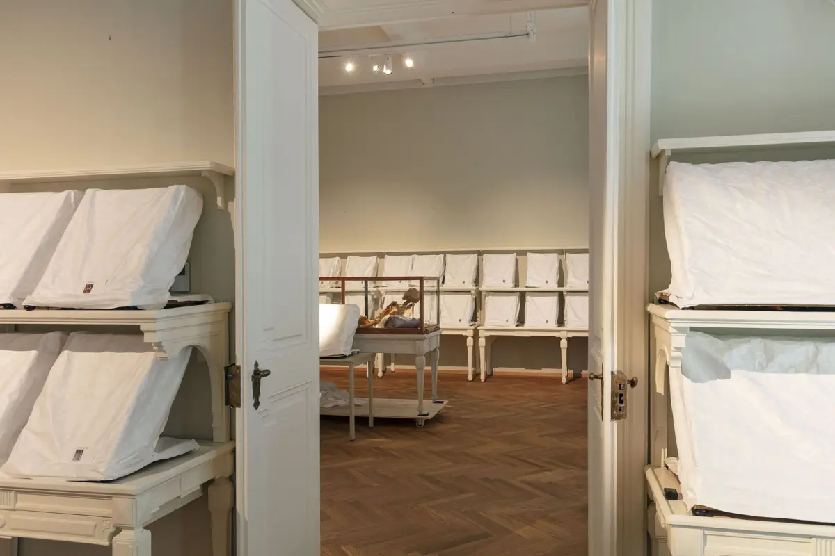 Open doorway into a museum storage room with rows of white linen-covered cots along the walls and a glass display case on a central table.