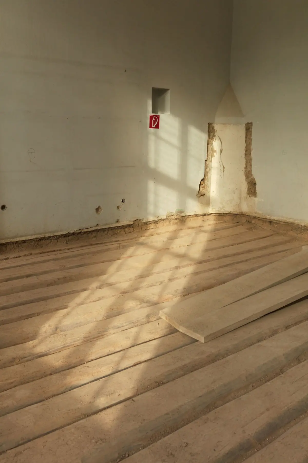 Abandoned interior with peeling plaster and exposed brick, weathered wooden floor planks, and a red fire extinguisher sign beside a small wall alcove.
