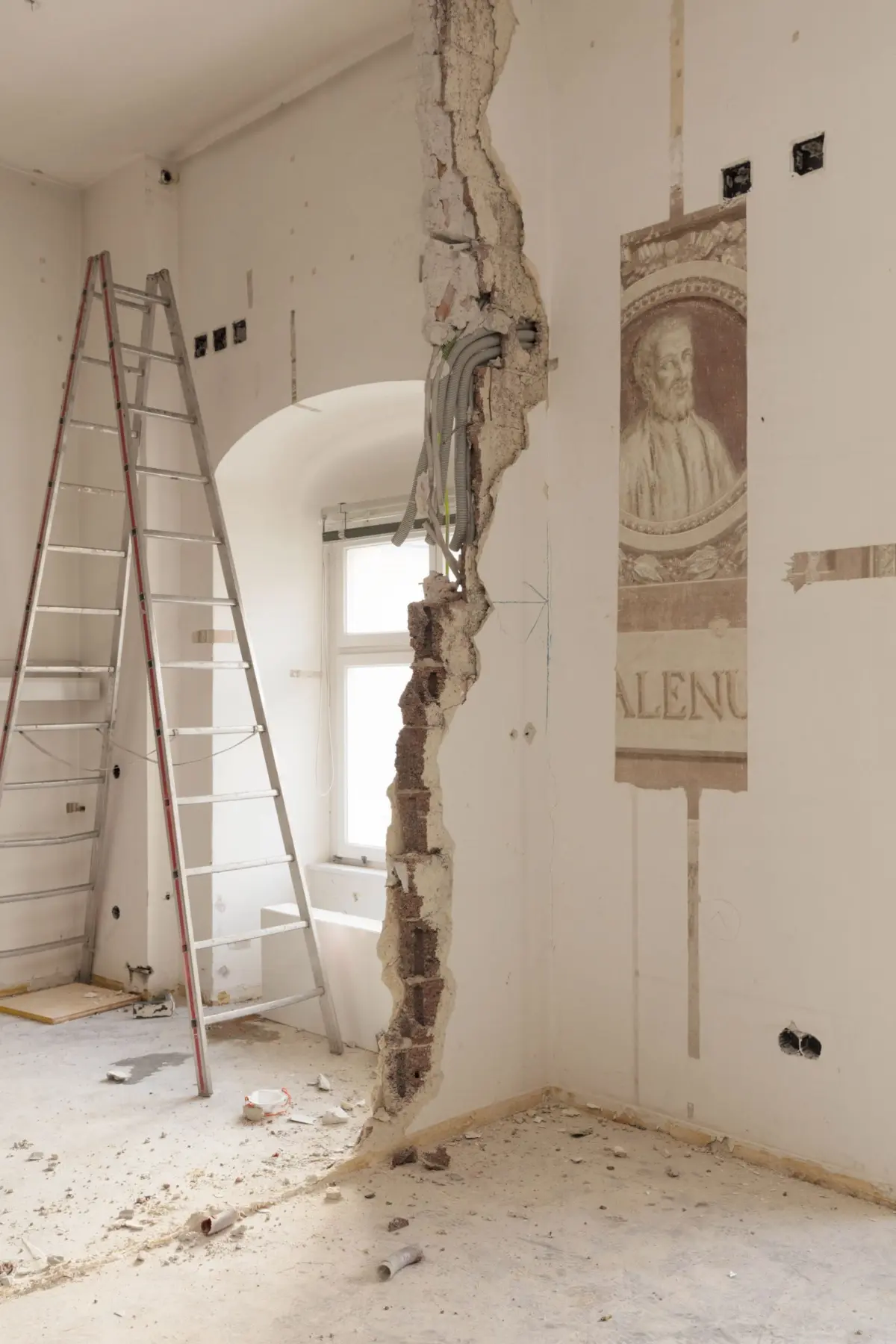 Interior renovation scene with a cracked wall exposing bricks and conduits; ladder and debris on the floor.