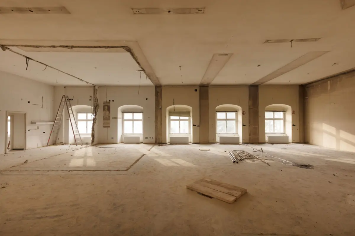 Spacious interior under renovation with a ladder, exposed ceiling and scattered debris; large windows along the back wall.