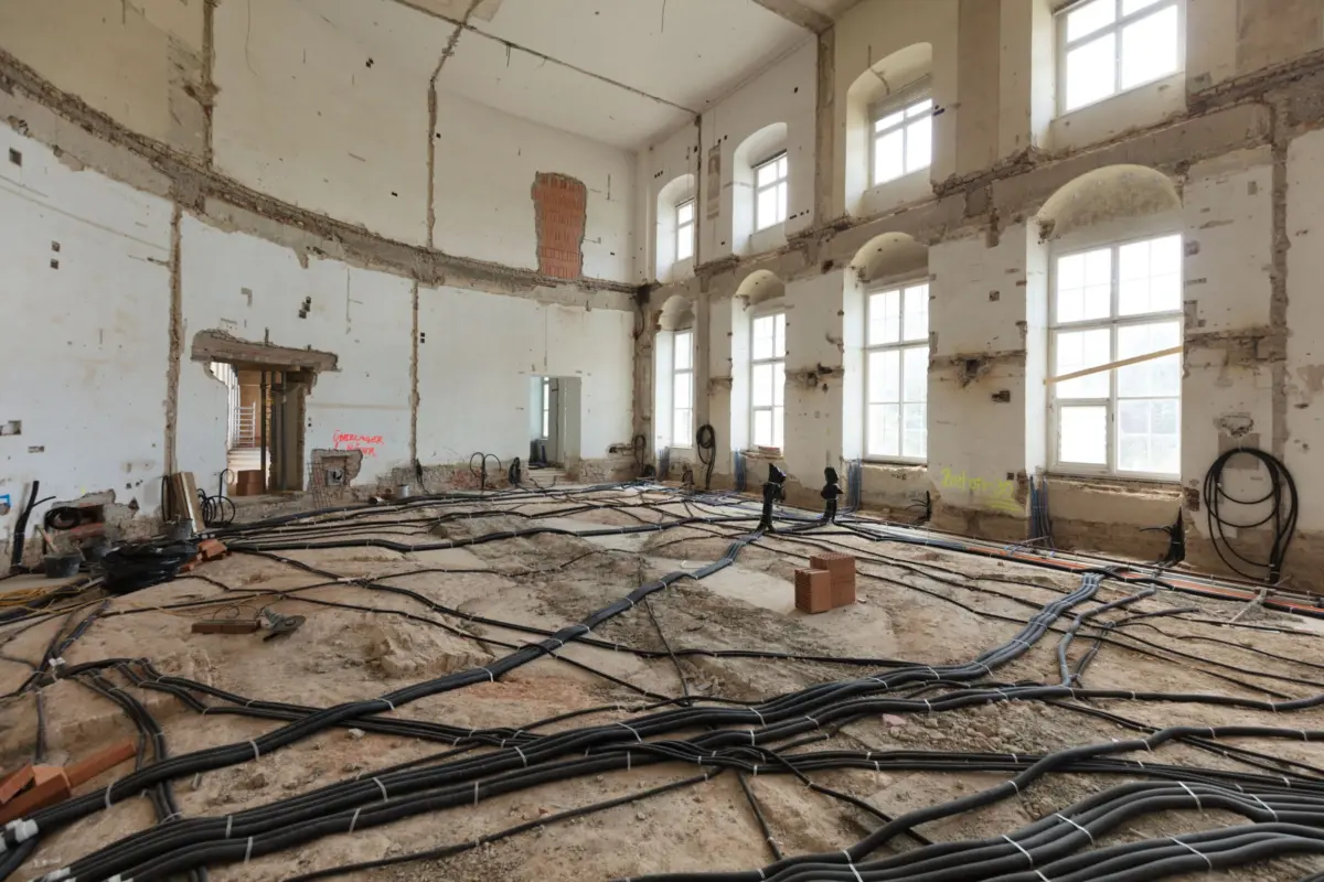 Unfinished industrial hall under renovation with exposed brick, tall arched windows, and cables strewn across a dusty floor.