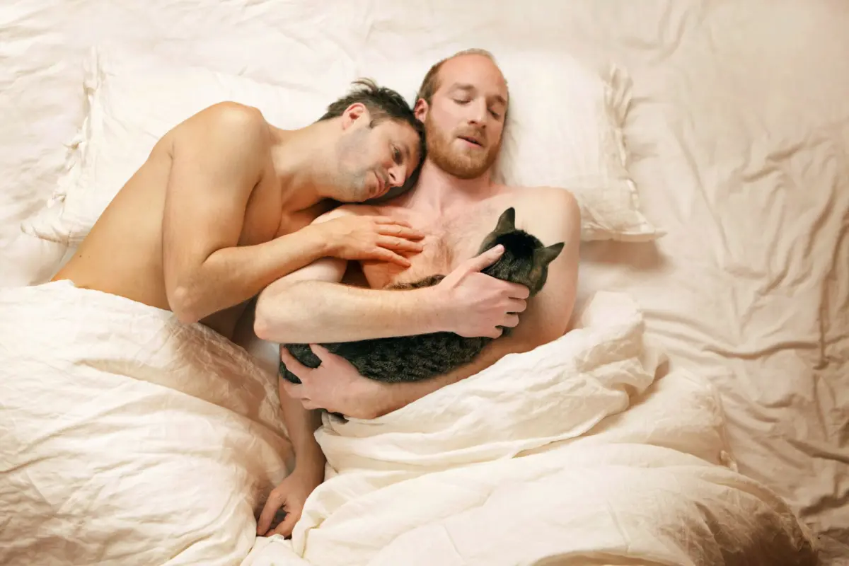 Two adults lie in bed, cuddling a black cat held in the right adult's arms.