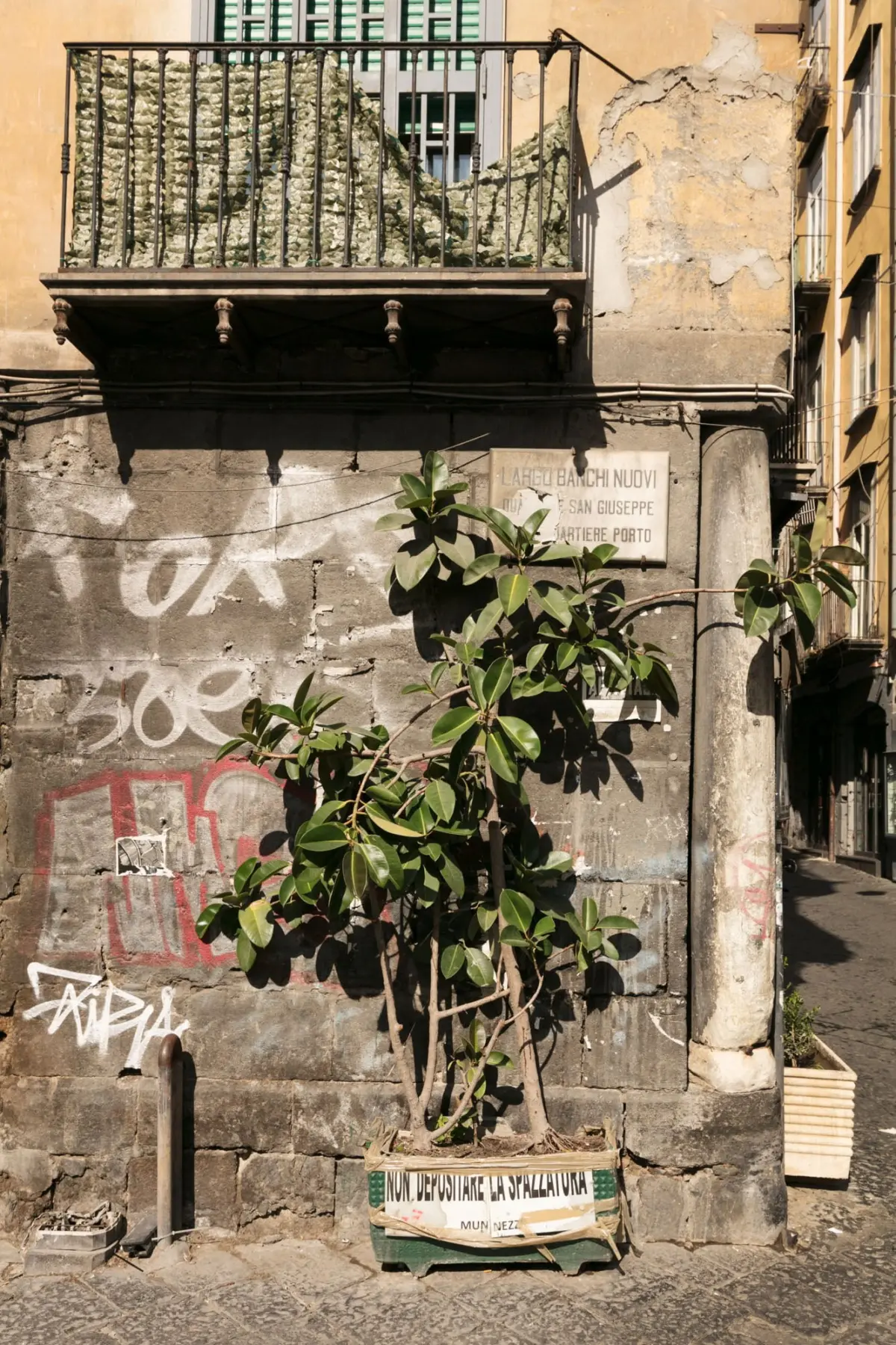 Crumbled urban facade with a metal balcony draped in camouflage net; crumbling plaster, graffiti, and a leafy shrub in front.