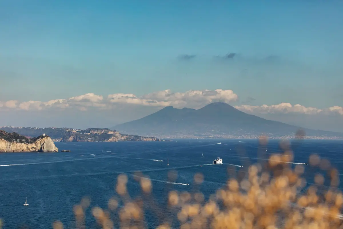 Coastal seascape with a distant volcano, blue sea, scattered clouds, and several sailboats; blurred foreground grasses frame the view.