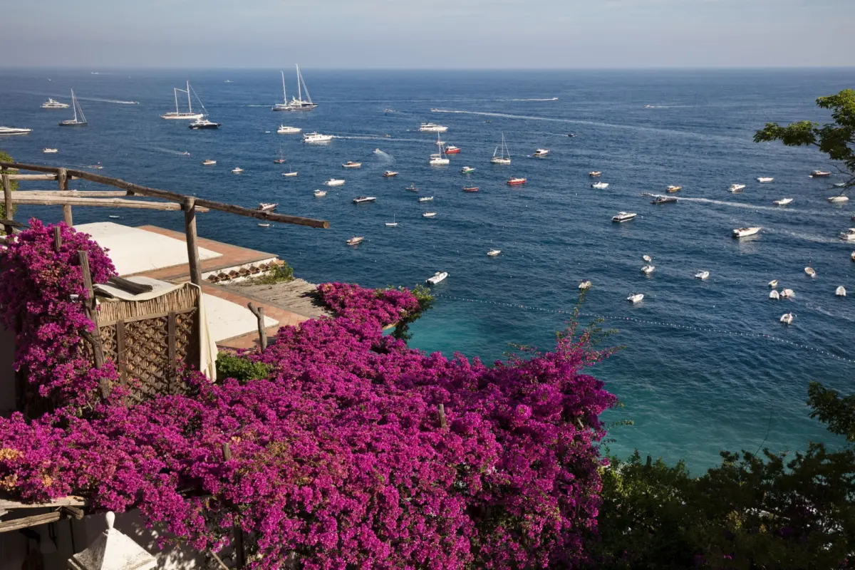 Terraced seaside view with blooming purple bougainvillea, a wooden railing, and boats dotting the blue harbor.