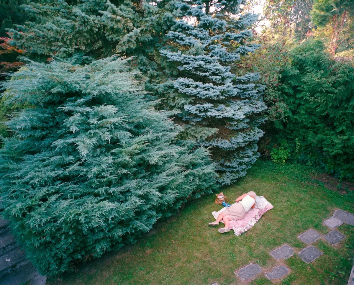 Two people lying on blankets on a grassy garden lawn, surrounded by dense blue spruce and other evergreen shrubs.