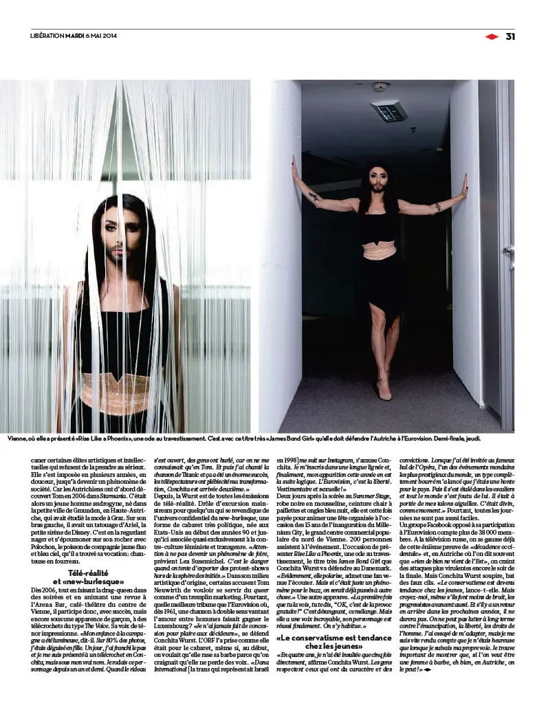 Two-panel image of a performer with long dark hair and facial hair, in black outfit, posed behind strings and in a doorway in a white hallway.