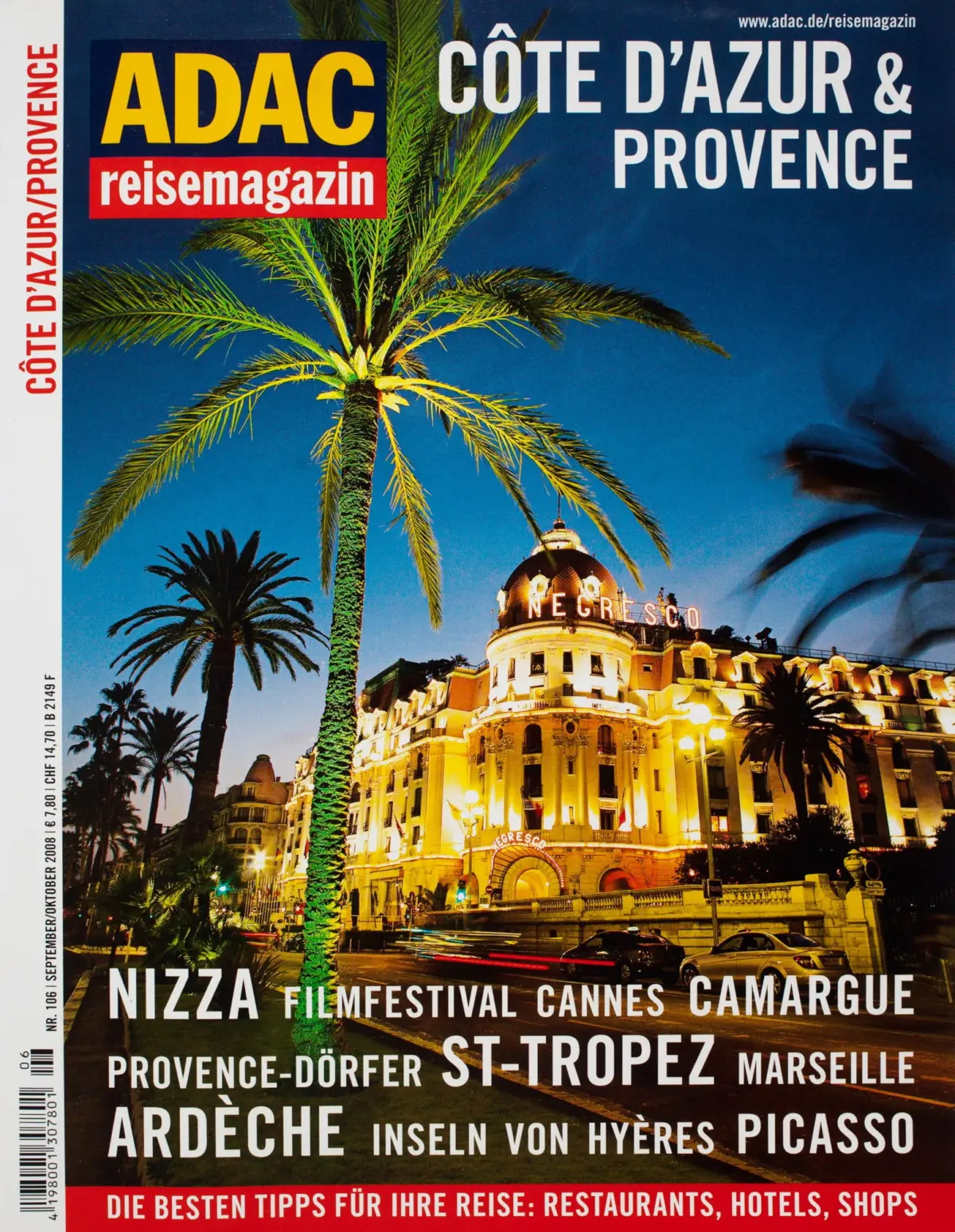 Evening view of the Negresco hotel on Nice's Promenade des Anglais with foreground palm trees; ADAC reisemagazin cover.