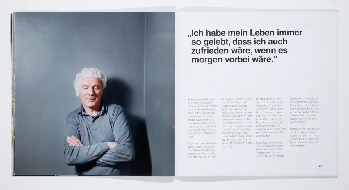 Two-page magazine spread: left shows a person wearing a hairnet with arms crossed, eyes closed; right displays a large German quote.