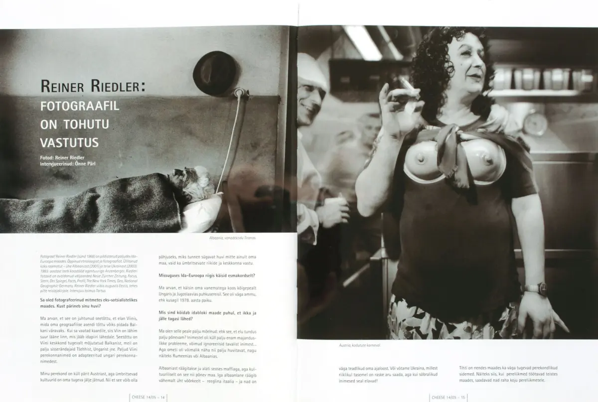 Two-page black-and-white magazine spread; curly-haired woman on the right holds a cigarette, smiling, with a bold headline on the left.