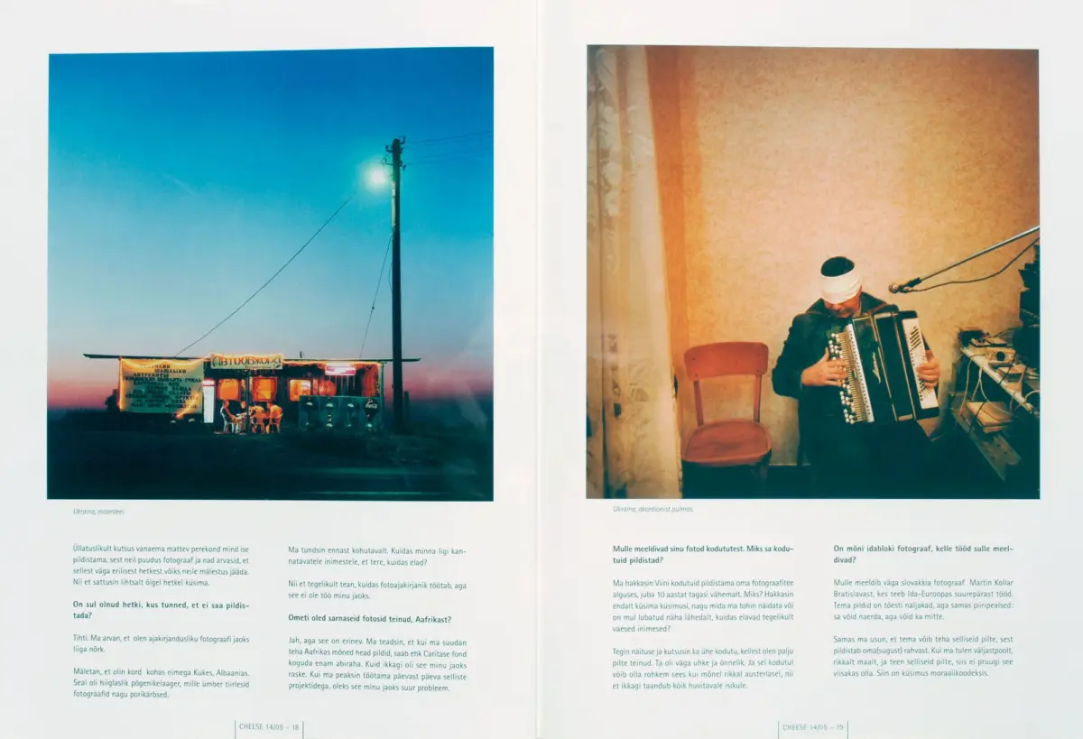 Two photos: left outdoor roadside snack stall at dusk beneath a tall utility pole; right musician with a white head wrap playing an accordion indoors.