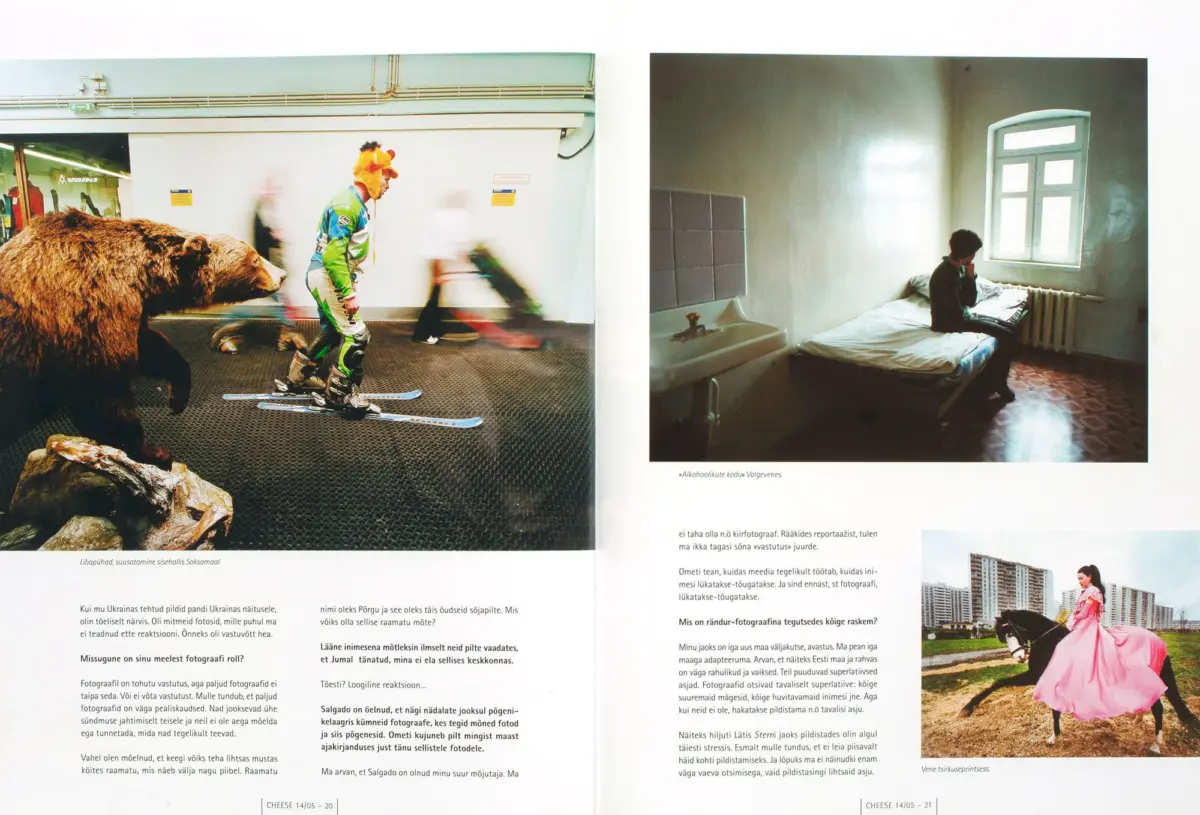 Two-page spread: left shows a brown bear with a skier indoors; right shows a person on a bed in a sparse room by a window.