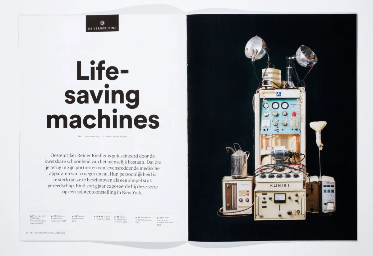 Magazine spread: left page with the prominent title 'Life-saving machines'; right page features vintage medical equipment with gauges and tubes.