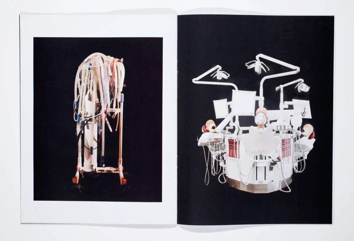 Two-page spread: left shows a cart with tangled medical hoses; right shows a surgical anesthesia machine with overhead operating lights.