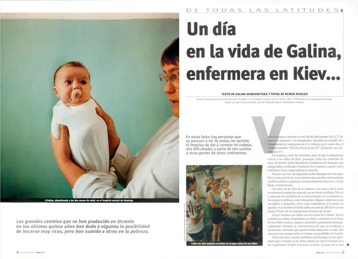 Infant with pacifier held by an adult against a teal hospital wall; magazine layout with bold Spanish headline on the right.