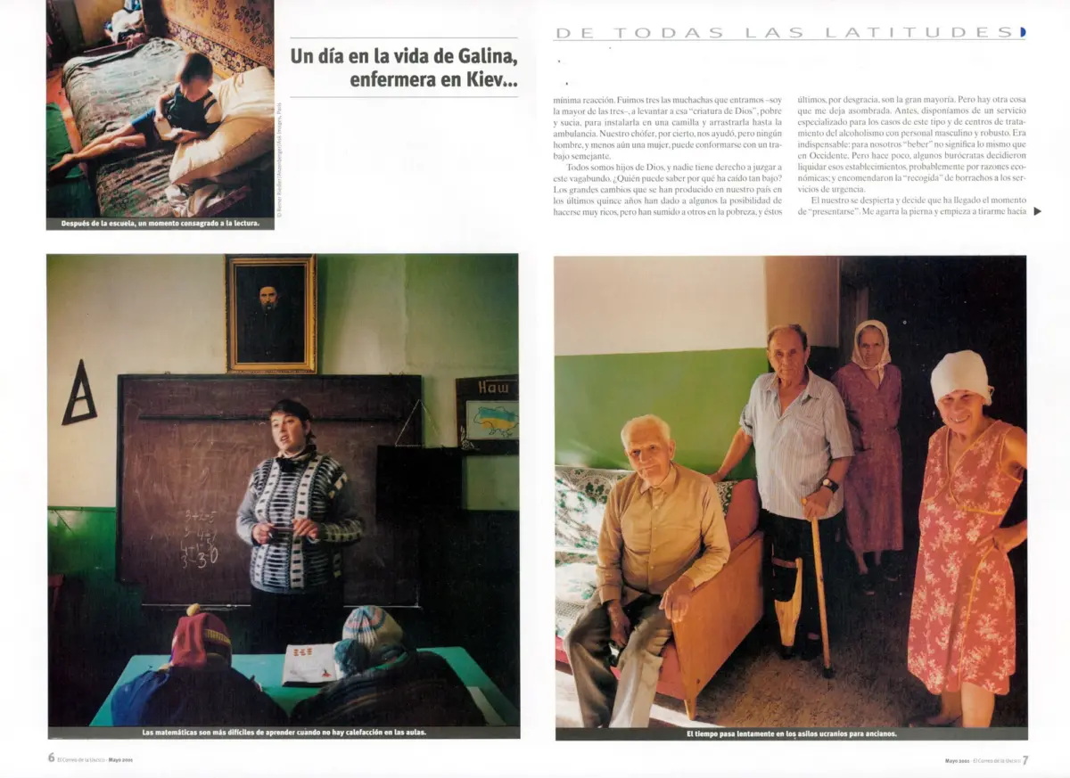 Quadruple photo collage: top-left child reading on bed; bottom-left person at chalkboard; bottom-right elderly group with caregiver; top-right text.
