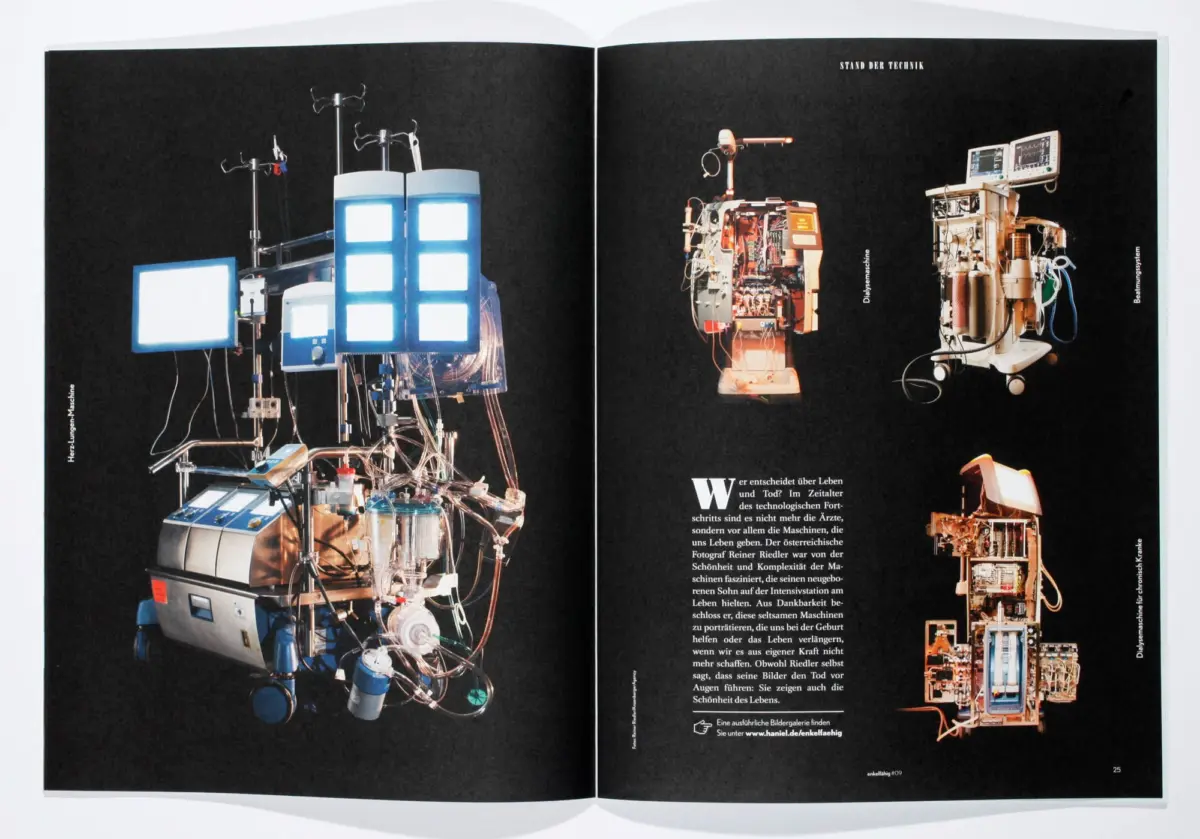 Two-page spread of medical devices: heart-lung machine on left; dialysis and ventilation systems on right.