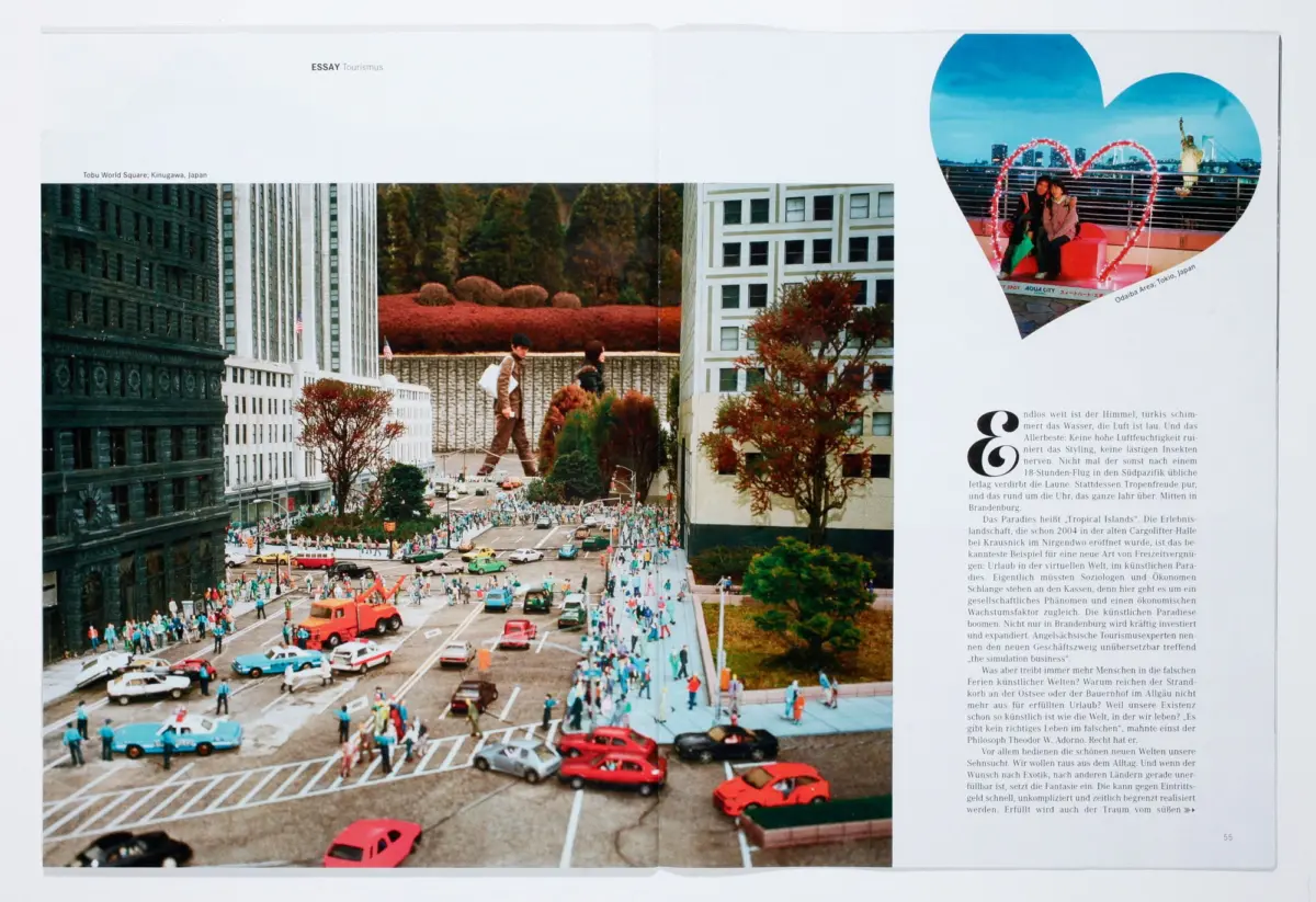 Crowded city street parade with pedestrians and vintage cars amid tall buildings; right-side heart-shaped photo inset.