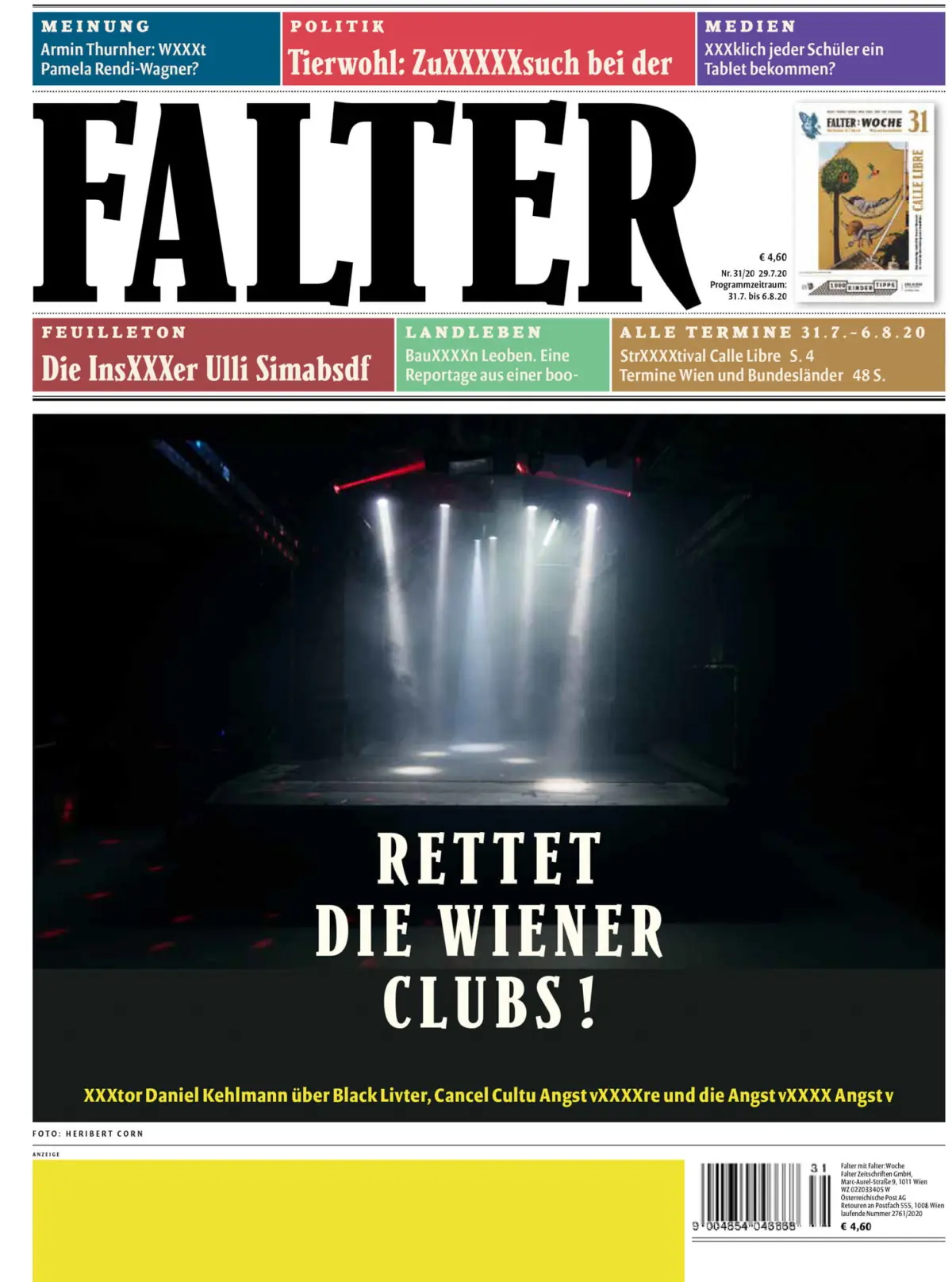 Front page of Falter newspaper with a huge masthead; a dim stage lit by spotlights and the bold headline RETTET DIE WIENER CLUBS!