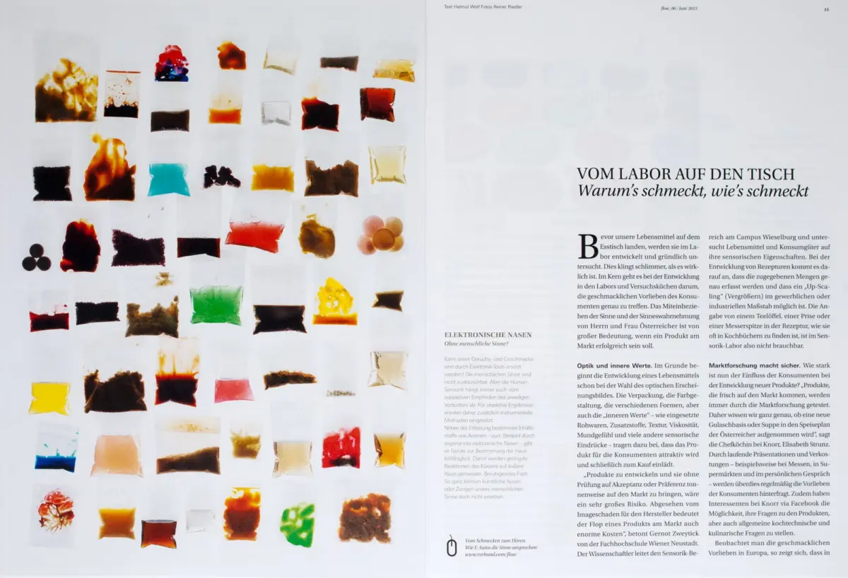 Open magazine spread: left page shows a grid of clear plastic sachets with colorful liquids; right page features a German article titled VOM LABOR AUF DEN TISCH.