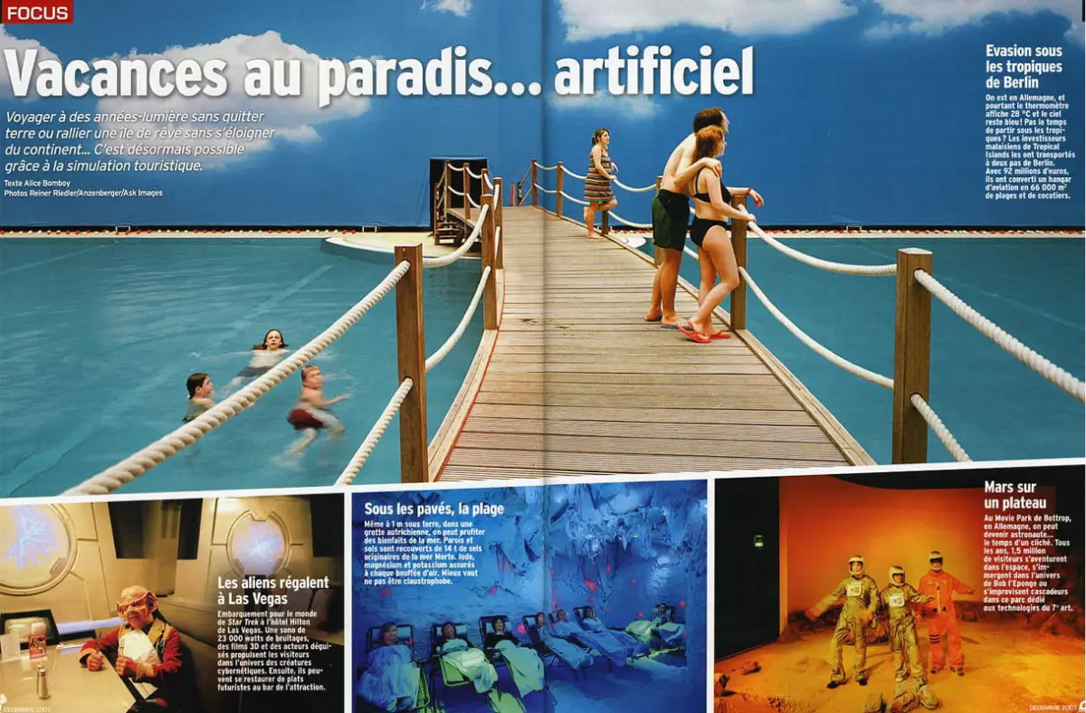 People on a wooden boardwalk over turquoise water; swimmers nearby; French magazine spread with the headline Vacances au paradis... artificiel.