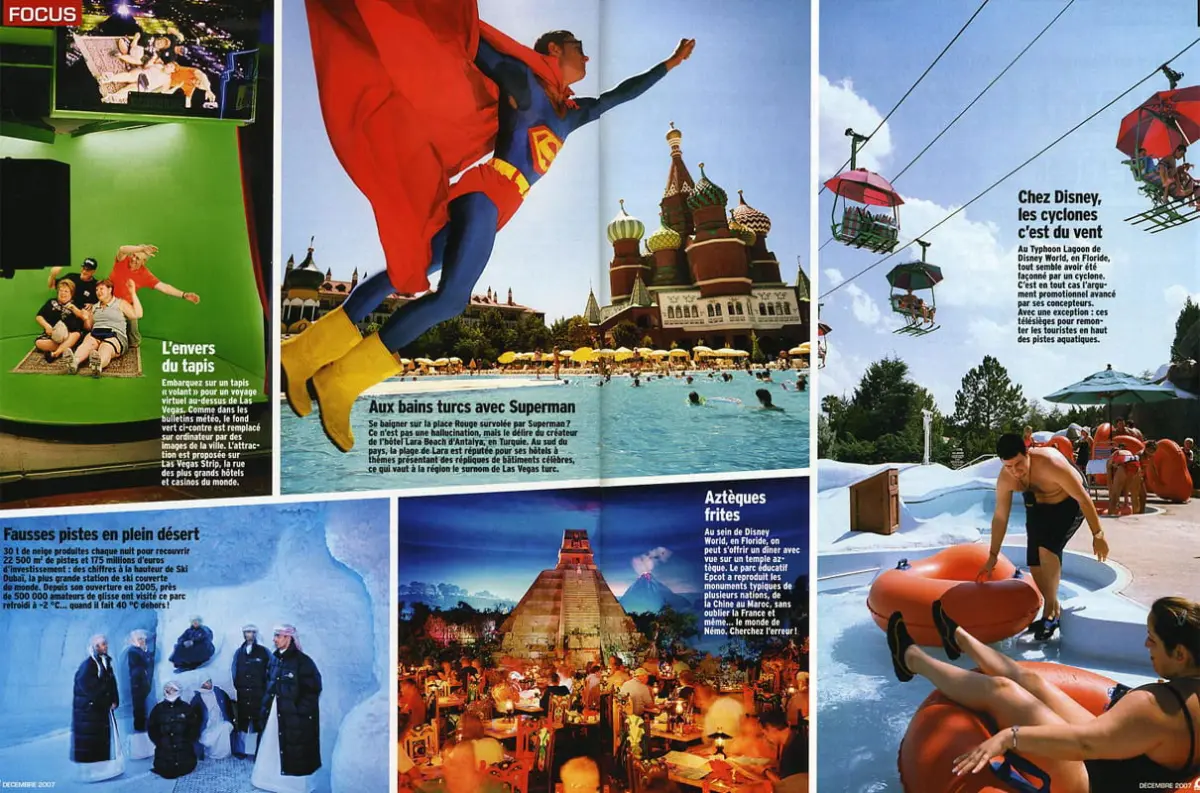 Collage of travel scenes: superhero leaps into a pool near Saint Basil's Cathedral; cable cars above a park; pyramid restaurant; winter tourists.
