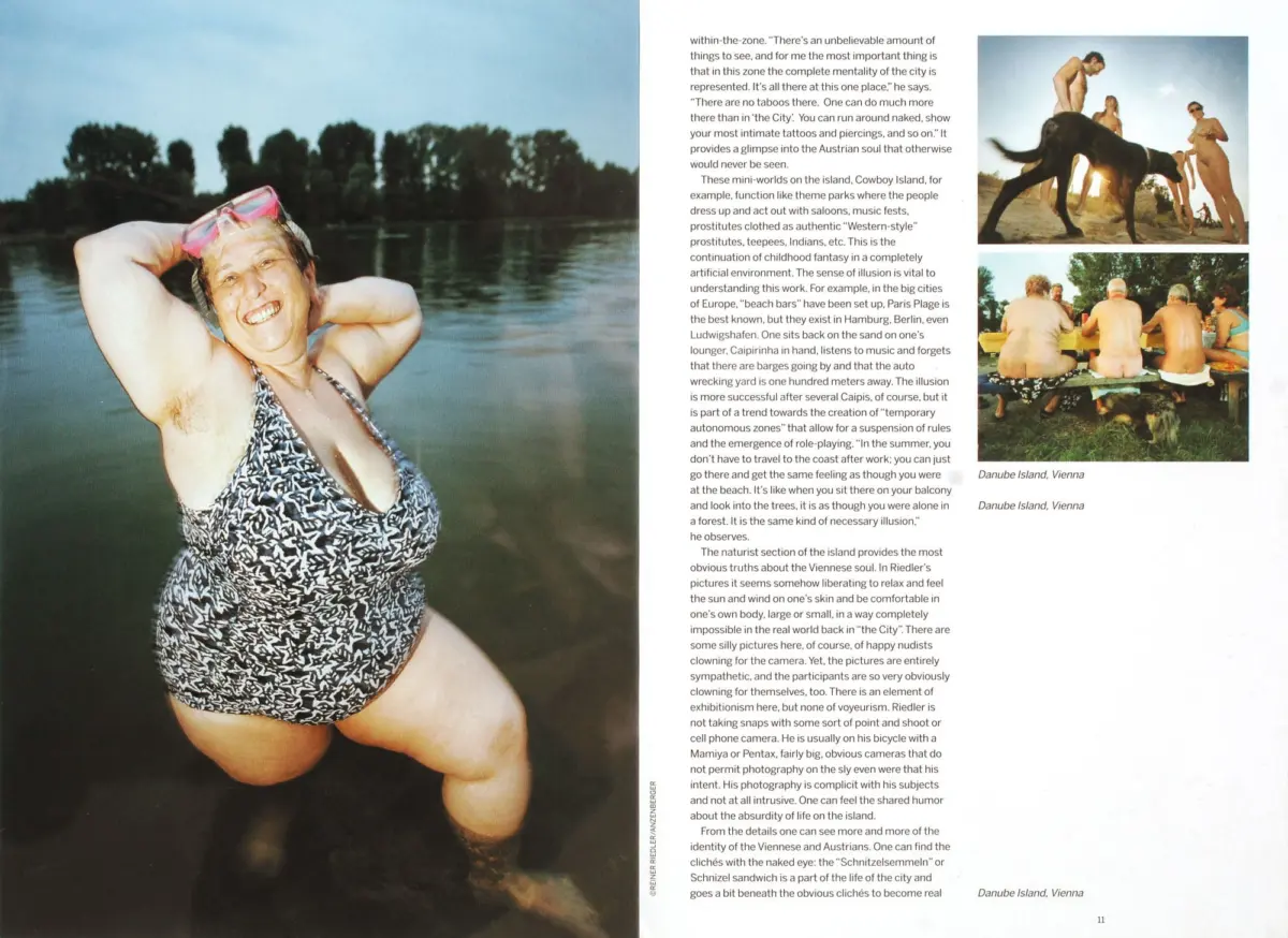 Older woman in a patterned one-piece swimsuit by a lake; right page shows text column and two small beach photos with nude adults and a dog.