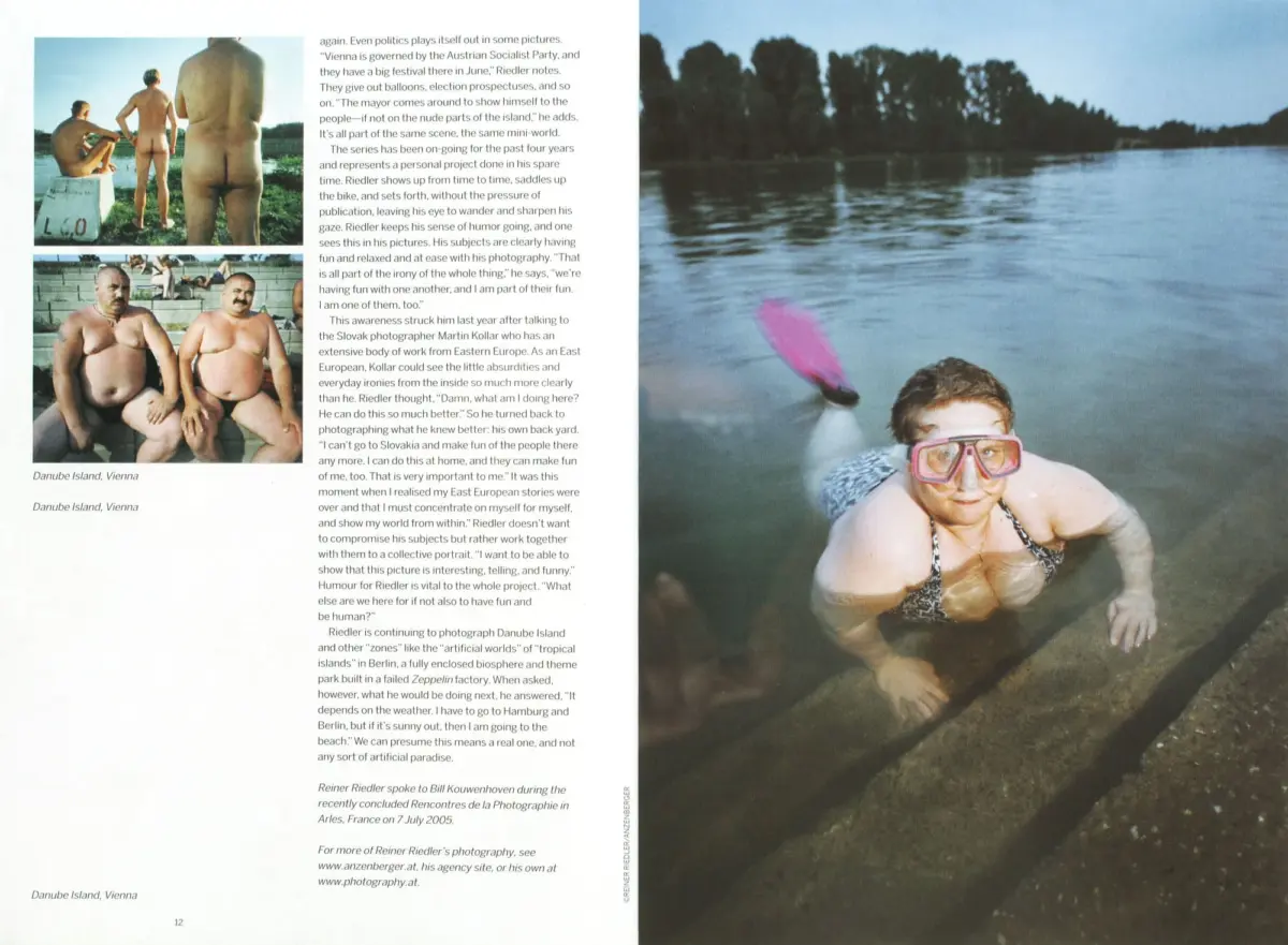 Nude men by the Danube Island, Vienna; right shows a snorkeler in a lake with a pink flipper.