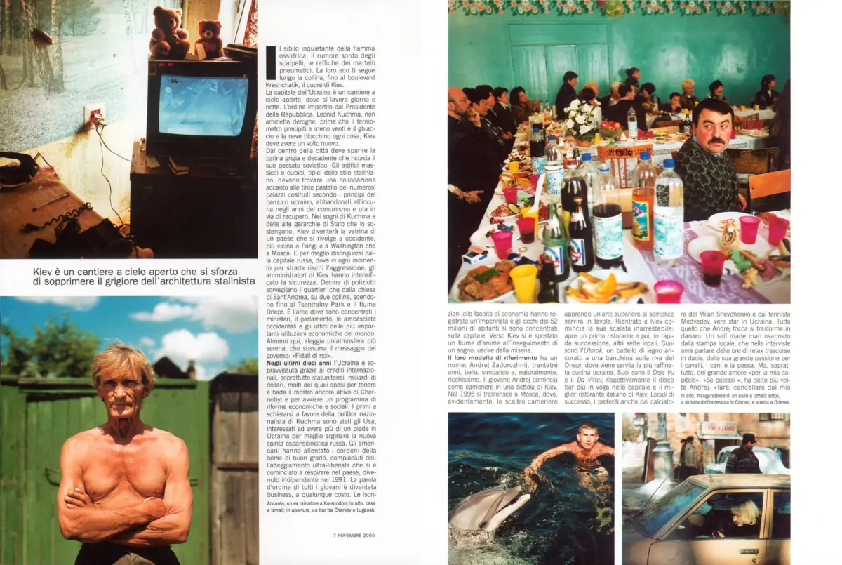 Shirtless man with arms crossed outdoors, standing beside a green fence; collage also shows a crowded banquet and a television with teddy bears.