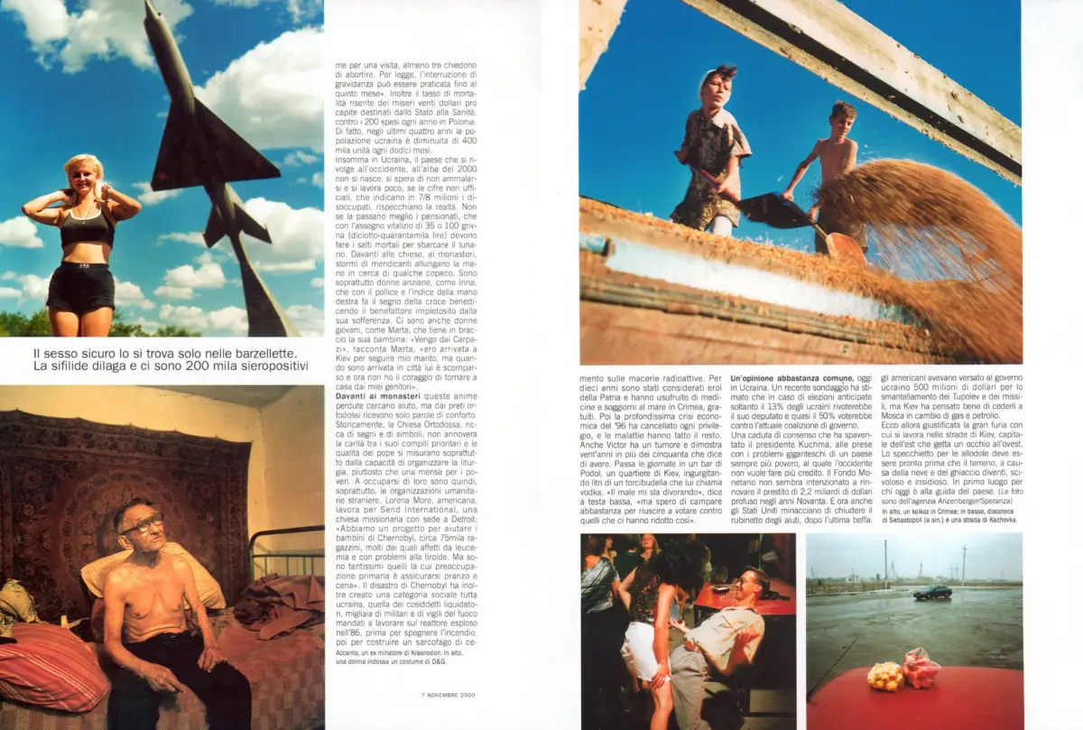 Collage spread: blonde woman posing outdoors by a large airplane sculpture; two children sweeping straw; shirtless elderly man indoors.