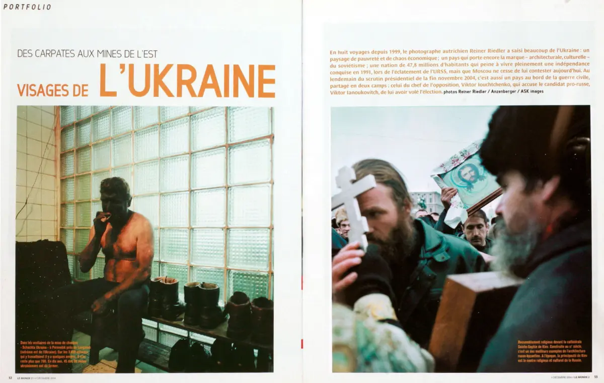 Left: shirtless person seated by glass-block wall; boots lined on a bench. Right: protesters carry crosses and religious icons.
