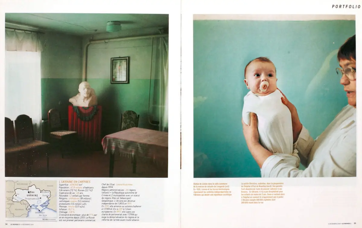 Left: dim room with green walls, bust on pedestal, red cloth, chairs, table; Right: caregiver holds newborn with pacifier against blue wall.