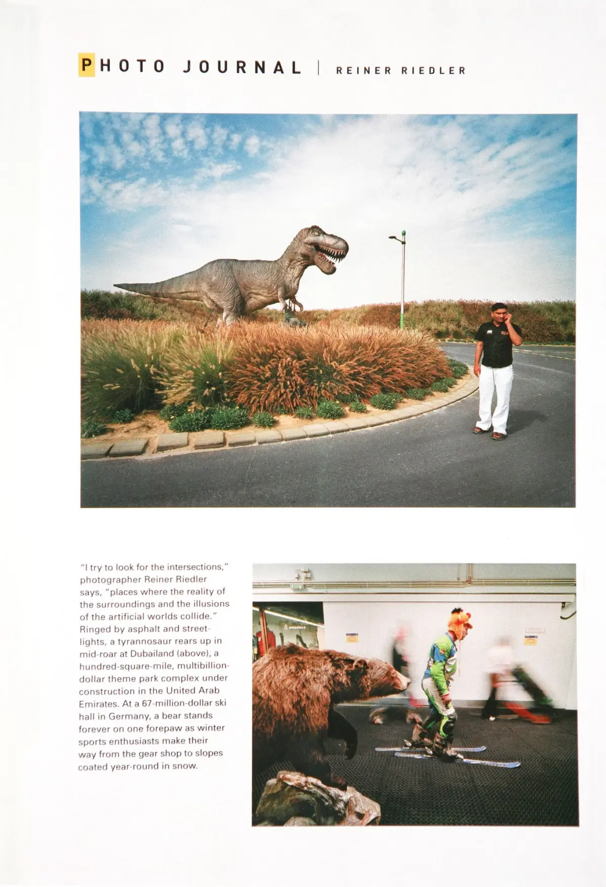 Tyrannosaurus rex statue on a landscaped roundabout; man in black shirt and white pants talking on cellphone.