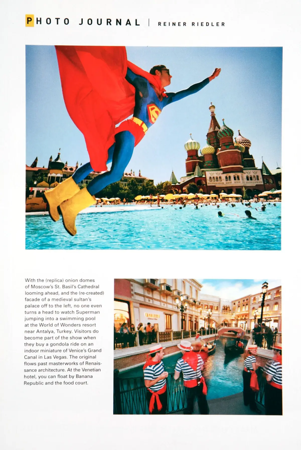 Person dressed as Superman leaps over a resort pool, cape fluttering, with onion-domed Kremlin-style buildings in the background.