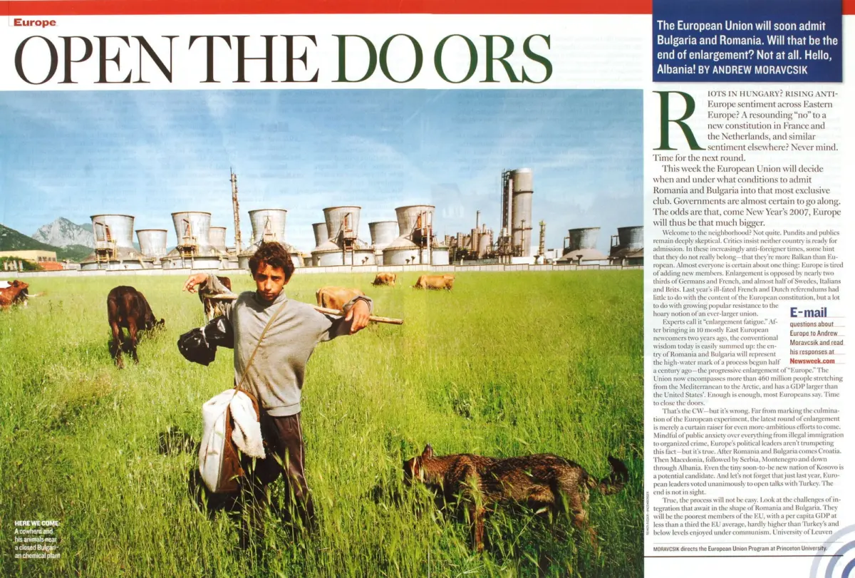 Person lounging on a chair in a grassy field with cows; distant industrial cooling towers; large 'OPEN THE DOORS' headline across the top.