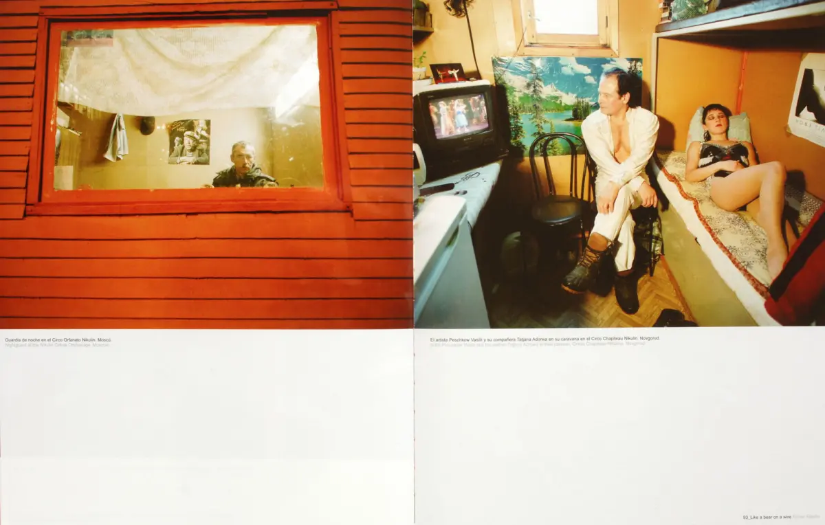 Two-panel scene: left shows a person at a red-framed window; right depicts a bedroom with two adults, a small TV, and a mountain mural.