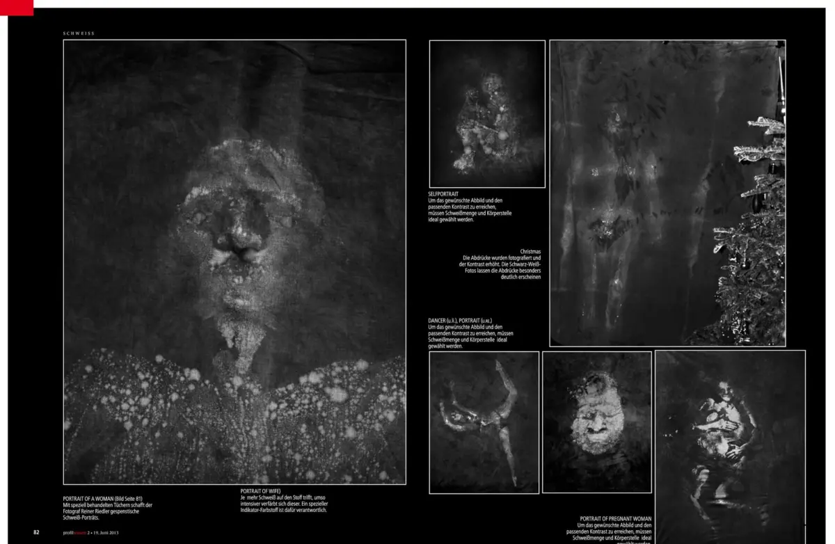Monochrome collage of portraits; large close-up of frost-speckled face on left, smaller portrait panels with German captions on right.